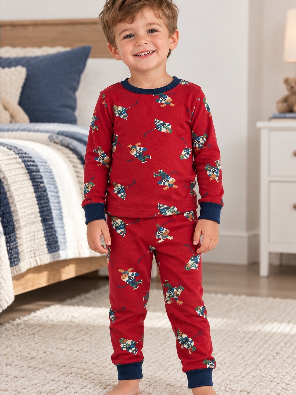 🏒Hockey Themed 2-Piece Pyjama Set – Size 3 – Red & Blue – Moose – Joe Fresh